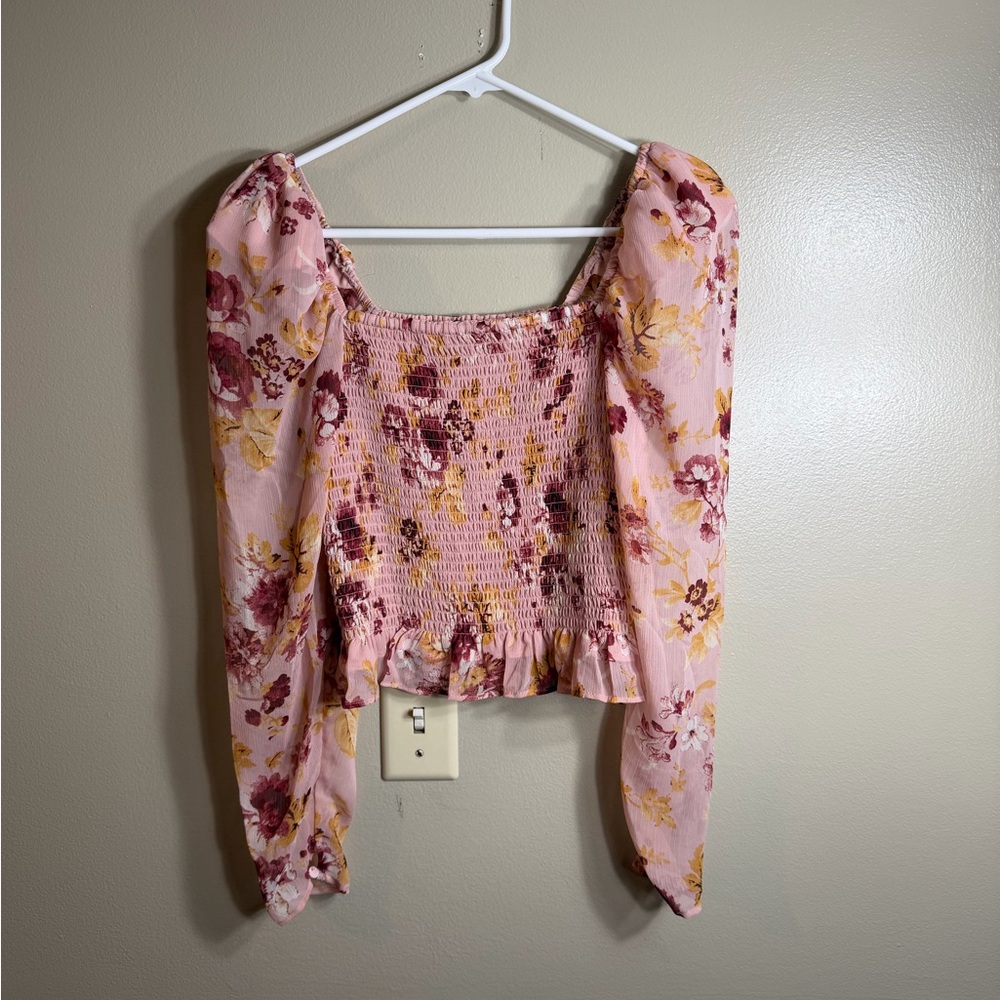 Express Pink Floral Smocked Crop Top Puff Sleeve Cottagecore Blouse Coquette XS